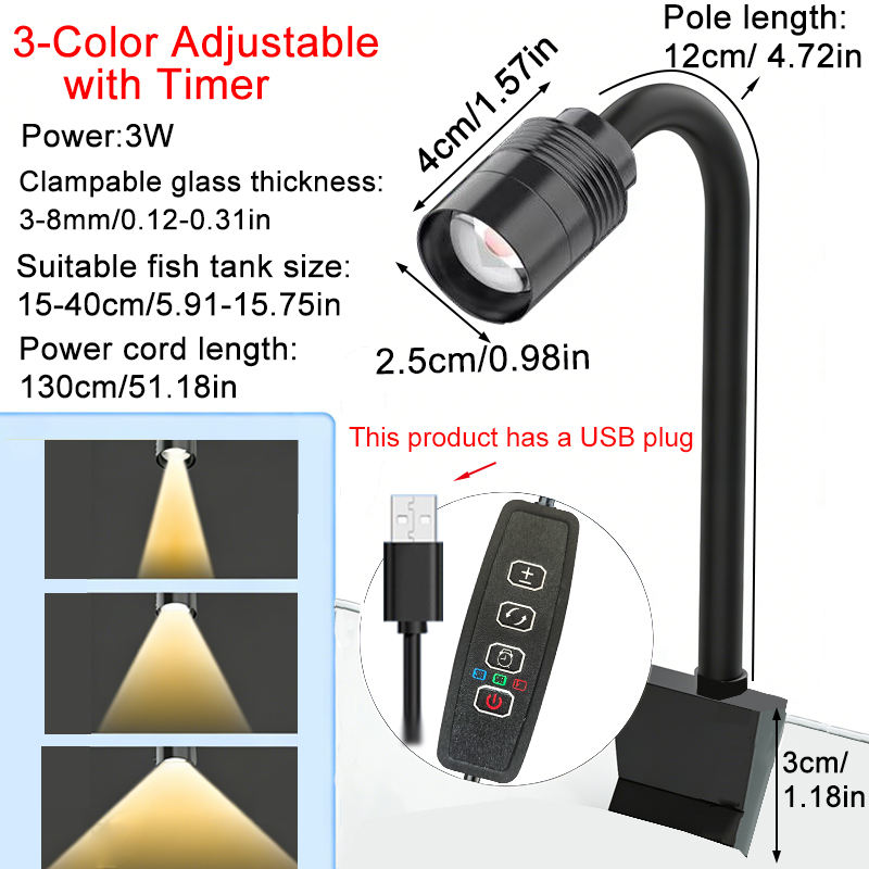 Aquarium Plant Light - USB 3W Südamerikanischer Aquarium-Strahler, 3-Farben dimmbar,