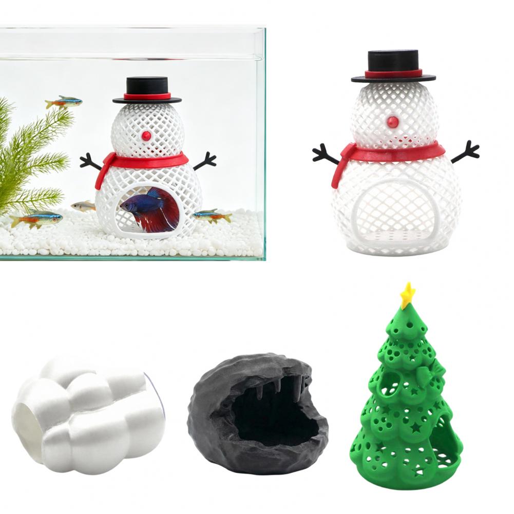Aquarium Moss - Aquarium-Dekorationen Weihnachten Aquarium-Versteckhöhle 3D-Gedruckter Garnelen-Unterstand Schneemann-Baum